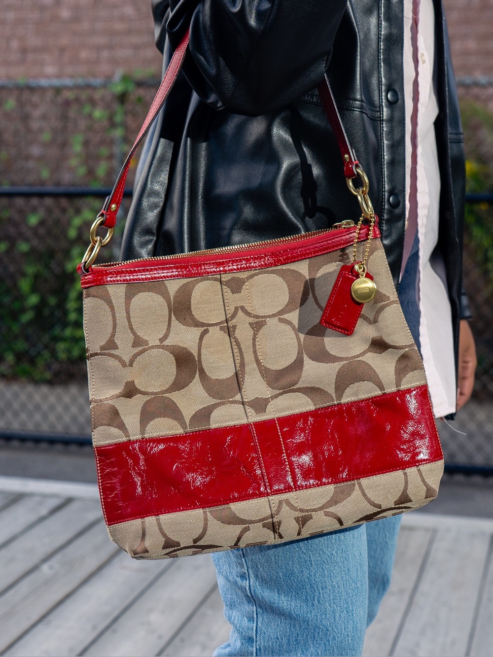 Coach Tan Signature Canvas Satchel with Red Leather Trim